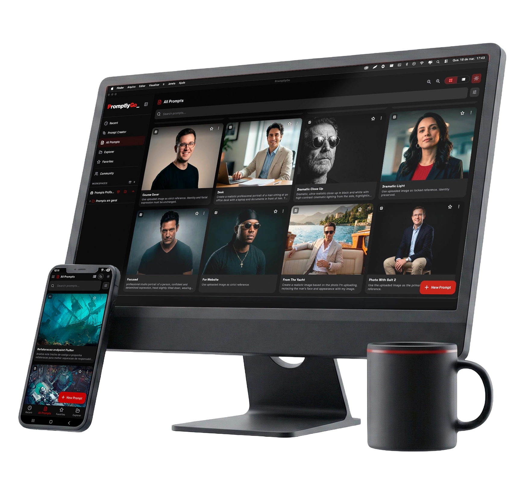 Preview do painel do PromptlyGo com biblioteca de prompts